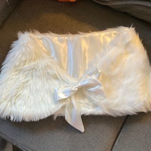 White faux fur wrap shrug collar with satin tie Winter holiday wear